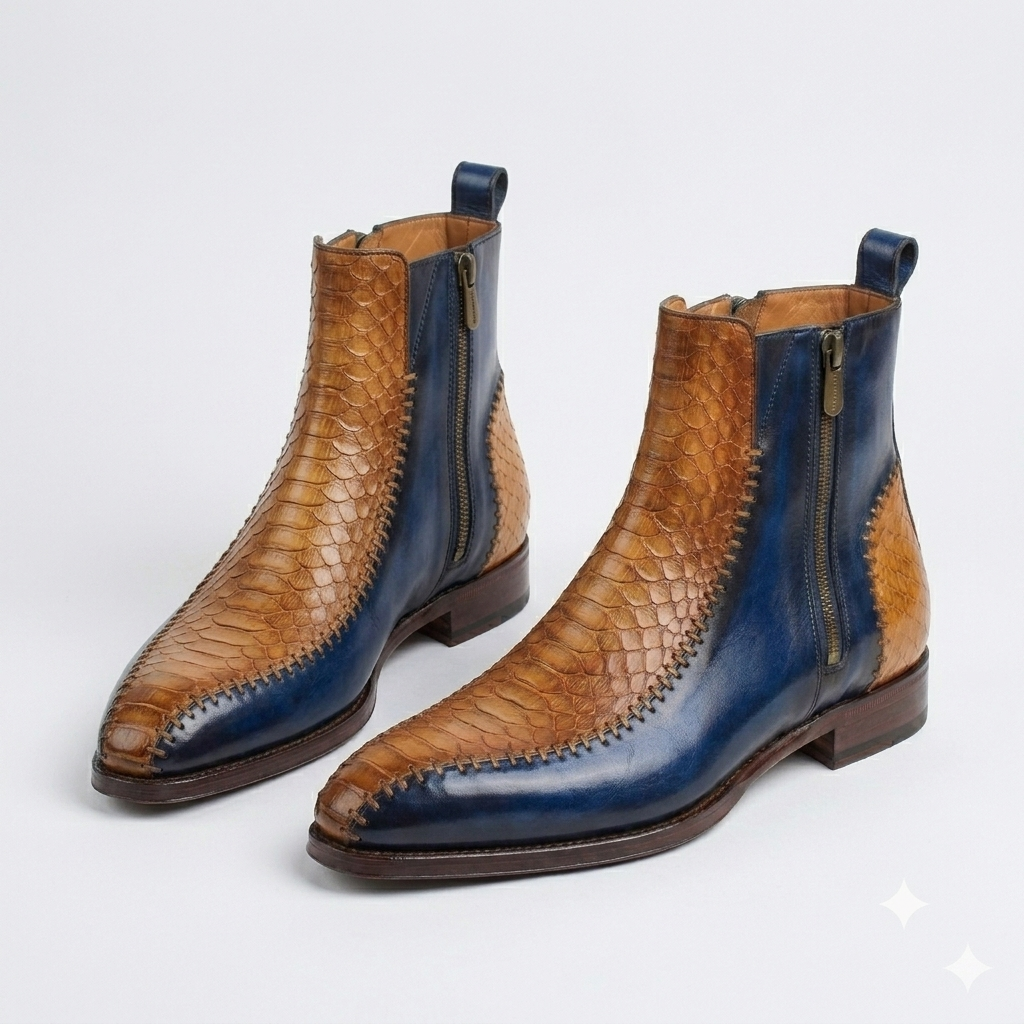 Tan Blue Croc Print Zipper Boot For Men