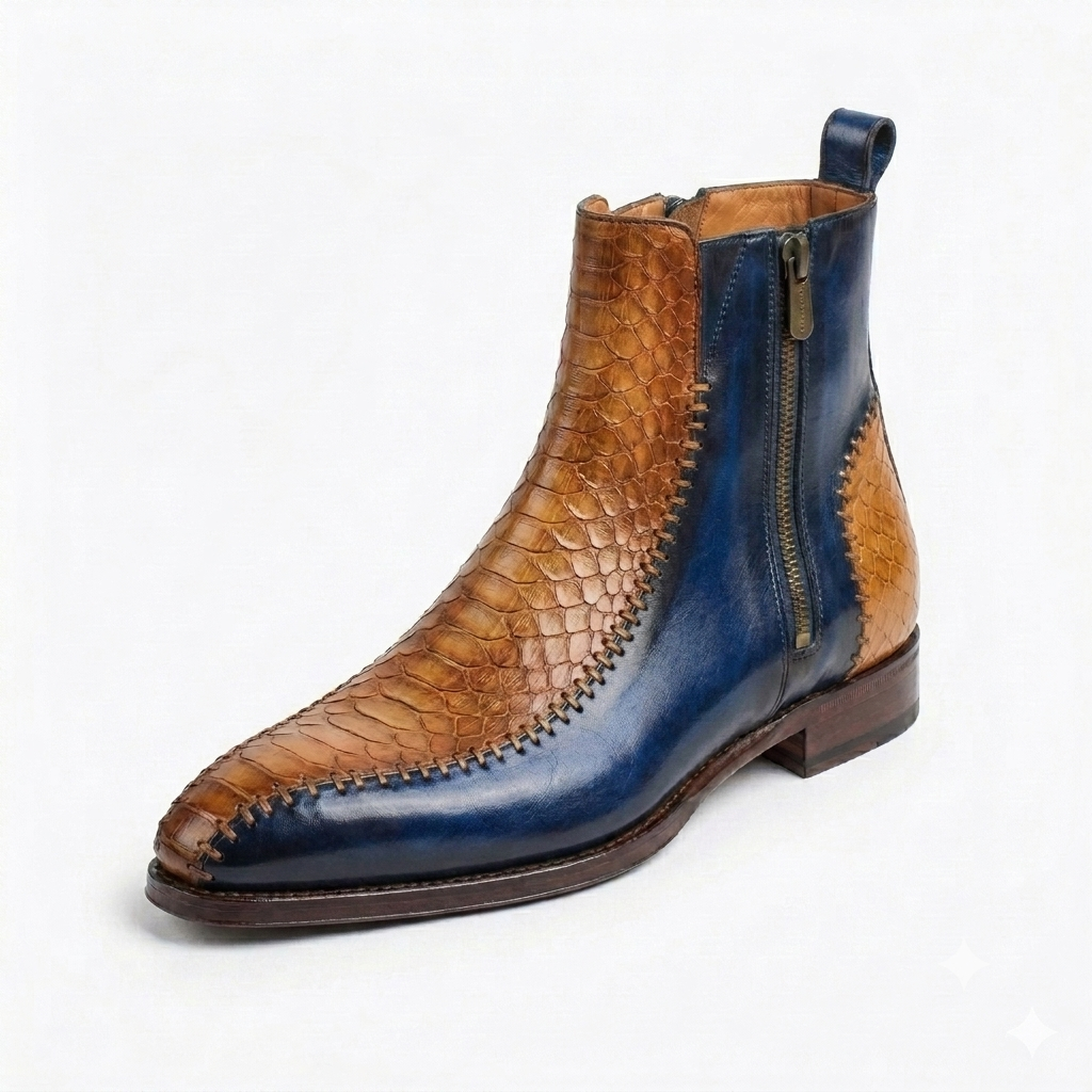 Tan Blue Croc Print Zipper Boot For Men